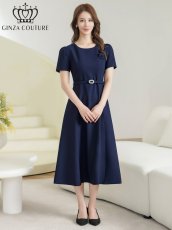 画像1: [ XS-Lサイズ / 3カラー][ERUKEI/GINZA COUTURE]シンプル・フラワーモチーフ・半袖・ベルト付き・Aライン・フレア・ミディアムドレス・ワンピース[送料無料] (1)