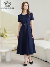 画像2: [ XS-Lサイズ / 3カラー][ERUKEI/GINZA COUTURE]シンプル・フラワーモチーフ・半袖・ベルト付き・Aライン・フレア・ミディアムドレス・ワンピース[送料無料] (2)