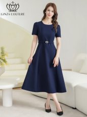 画像5: [ XS-Lサイズ / 3カラー][ERUKEI/GINZA COUTURE]シンプル・フラワーモチーフ・半袖・ベルト付き・Aライン・フレア・ミディアムドレス・ワンピース[送料無料] (5)