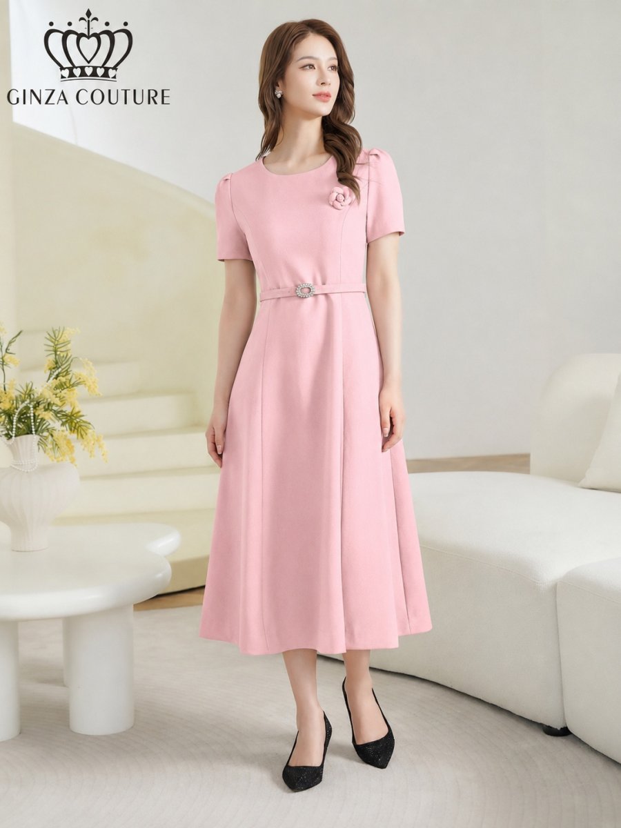 画像14: [ XS-Lサイズ / 3カラー][ERUKEI/GINZA COUTURE]シンプル・フラワーモチーフ・半袖・ベルト付き・Aライン・フレア・ミディアムドレス・ワンピース[送料無料] (14)