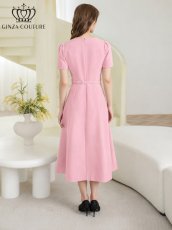 画像15: [ XS-Lサイズ / 3カラー][ERUKEI/GINZA COUTURE]シンプル・フラワーモチーフ・半袖・ベルト付き・Aライン・フレア・ミディアムドレス・ワンピース[送料無料] (15)