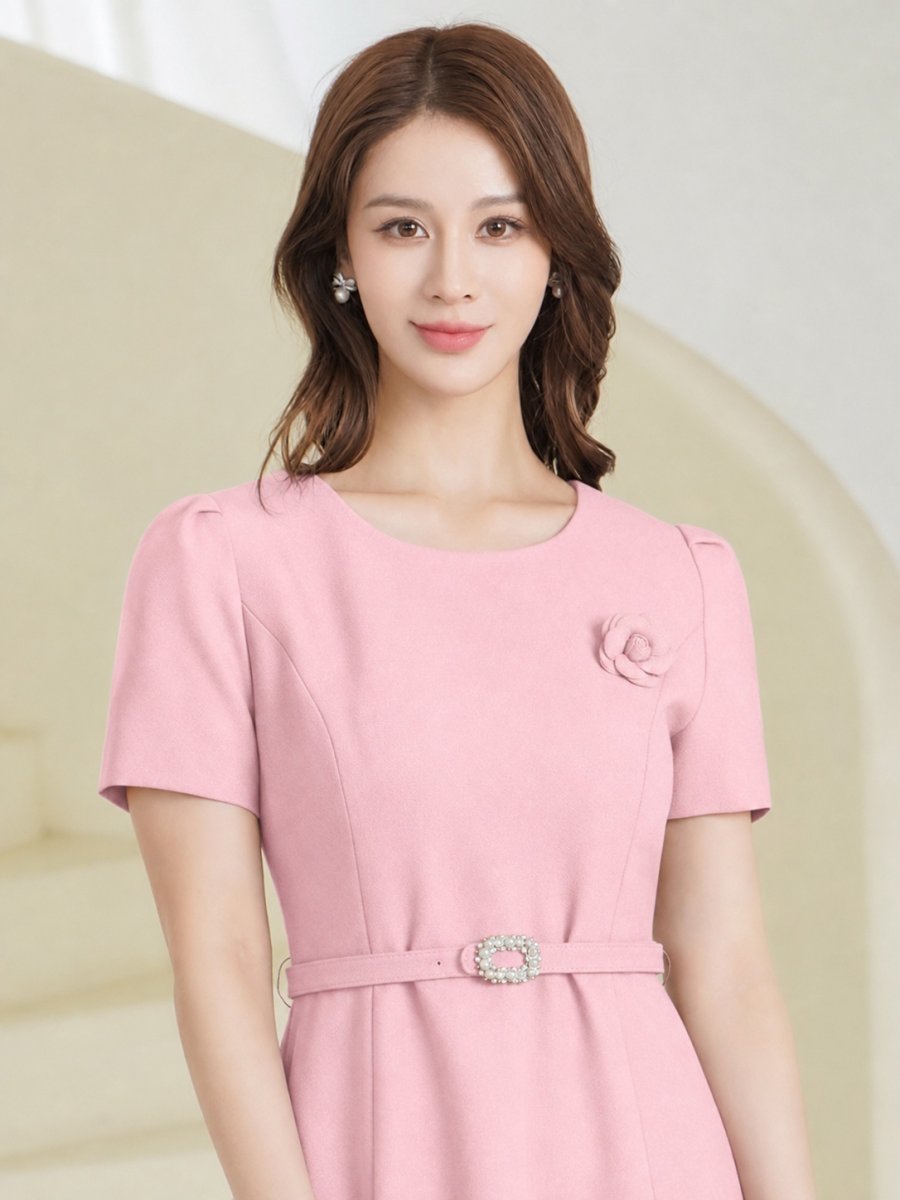 画像16: [ XS-Lサイズ / 3カラー][ERUKEI/GINZA COUTURE]シンプル・フラワーモチーフ・半袖・ベルト付き・Aライン・フレア・ミディアムドレス・ワンピース[送料無料] (16)