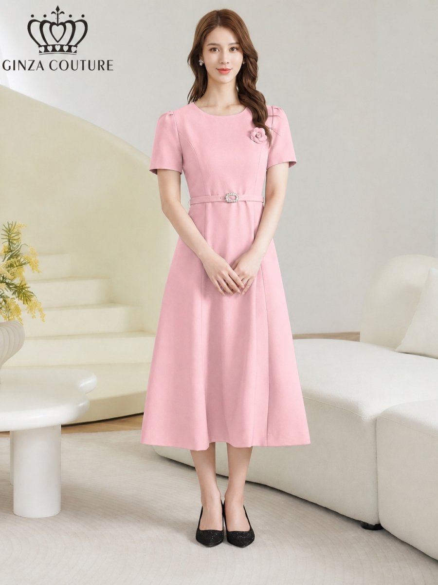 画像17: [ XS-Lサイズ / 3カラー][ERUKEI/GINZA COUTURE]シンプル・フラワーモチーフ・半袖・ベルト付き・Aライン・フレア・ミディアムドレス・ワンピース[送料無料] (17)