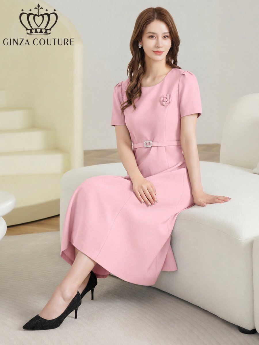 画像18: [ XS-Lサイズ / 3カラー][ERUKEI/GINZA COUTURE]シンプル・フラワーモチーフ・半袖・ベルト付き・Aライン・フレア・ミディアムドレス・ワンピース[送料無料] (18)