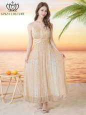 画像1: [ XS-Lサイズ / 2カラー ][ERUKEI/GINZA COUTURE]シフォン・プリント・キャミソール・Vネック・ラインストーン・ティアード・Aライン・ロングドレス[送料無料] (1)