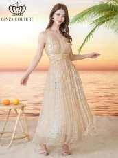 画像2: [ XS-Lサイズ / 2カラー ][ERUKEI/GINZA COUTURE]シフォン・プリント・キャミソール・Vネック・ラインストーン・ティアード・Aライン・ロングドレス[送料無料] (2)