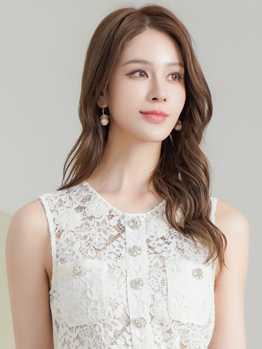 画像4: [ XS-Lサイズ / 2カラー][ERUKEI/GINZA COUTURE]総レース・ビジューボタン・フェイクポケット・インナーキャミソール付き・タイト・ノースリーブ・ミニドレス・ワンピース[送料無料] (4)