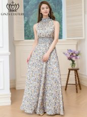 画像1: [ERUKEI/GINZA COUTURE]グレー×イエロー・首元フリル・ノースリーブ・プリント・Aライン・ロングドレス[送料無料] (1)