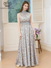 画像2: [ERUKEI/GINZA COUTURE]グレー×イエロー・首元フリル・ノースリーブ・プリント・Aライン・ロングドレス[送料無料] (2)