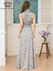 画像3: [ERUKEI/GINZA COUTURE]グレー×イエロー・首元フリル・ノースリーブ・プリント・Aライン・ロングドレス[送料無料] (3)