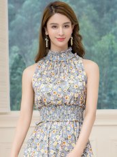 画像4: [ERUKEI/GINZA COUTURE]グレー×イエロー・首元フリル・ノースリーブ・プリント・Aライン・ロングドレス[送料無料] (4)