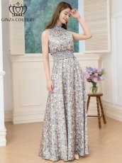 画像5: [ERUKEI/GINZA COUTURE]グレー×イエロー・首元フリル・ノースリーブ・プリント・Aライン・ロングドレス[送料無料] (5)