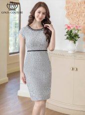 画像1: [ERUKEI/GINZA COUTURE]グレー・タイト・フレンチスリーブ・ツイード・ミディアムドレス・ワンピース[送料無料] (1)