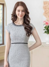 画像4: [ERUKEI/GINZA COUTURE]グレー・タイト・フレンチスリーブ・ツイード・ミディアムドレス・ワンピース[送料無料] (4)