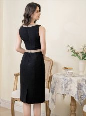 画像3: [ERUKEI/GINZA COUTURE]ブラック・ノースリーブ・切り替え・ツイード・タイト・ミディアムドレス・ワンピース[送料無料] (3)