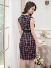 画像5: [ERUKEI/GINZA COUTURE]ネイビー・ベージュ・レッド・ツイード・チェック・タイト・ノースリーブ・ミディアムドレス・ワンピース[送料無料] (5)