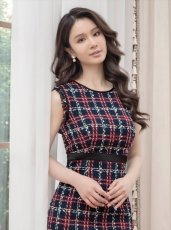 画像7: [ERUKEI/GINZA COUTURE]ネイビー・ベージュ・レッド・ツイード・チェック・タイト・ノースリーブ・ミディアムドレス・ワンピース[送料無料] (7)