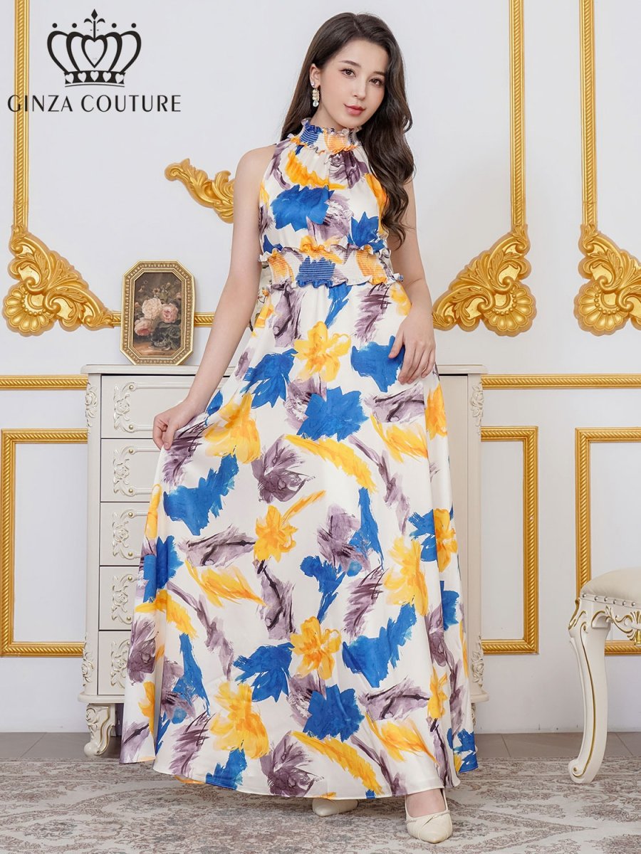 画像1: [ERUKEI/GINZA COUTURE]ペイント柄・プリント・サテン・首元フリル・ウエストマーク・アメリカンスリーブ・マキシ・Aライン・ロングドレス[送料無料] (1)