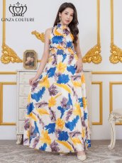 画像1: [ERUKEI/GINZA COUTURE]ペイント柄・プリント・サテン・首元フリル・ウエストマーク・アメリカンスリーブ・マキシ・Aライン・ロングドレス[送料無料] (1)
