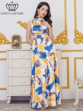 画像2: [ERUKEI/GINZA COUTURE]ペイント柄・プリント・サテン・首元フリル・ウエストマーク・アメリカンスリーブ・マキシ・Aライン・ロングドレス[送料無料] (2)