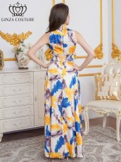 画像3: [ERUKEI/GINZA COUTURE]ペイント柄・プリント・サテン・首元フリル・ウエストマーク・アメリカンスリーブ・マキシ・Aライン・ロングドレス[送料無料] (3)