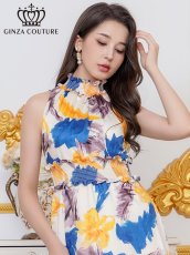 画像4: [ERUKEI/GINZA COUTURE]ペイント柄・プリント・サテン・首元フリル・ウエストマーク・アメリカンスリーブ・マキシ・Aライン・ロングドレス[送料無料] (4)