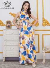 画像5: [ERUKEI/GINZA COUTURE]ペイント柄・プリント・サテン・首元フリル・ウエストマーク・アメリカンスリーブ・マキシ・Aライン・ロングドレス[送料無料] (5)