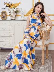 画像6: [ERUKEI/GINZA COUTURE]ペイント柄・プリント・サテン・首元フリル・ウエストマーク・アメリカンスリーブ・マキシ・Aライン・ロングドレス[送料無料] (6)