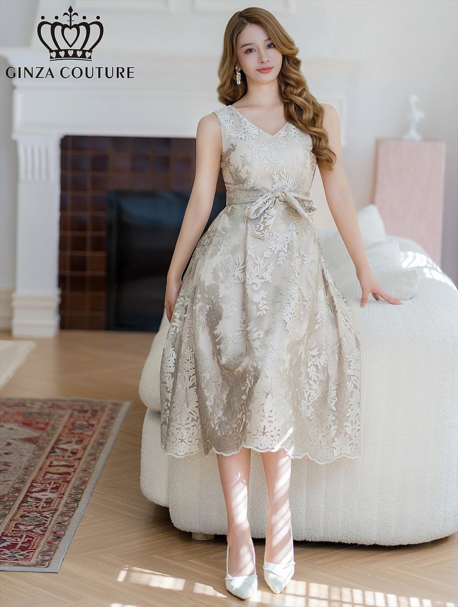 画像1: [ERUKEI/GINZA COUTURE]ベージュ・アンゴラレッド・総レース・vネック・ノースリーブ・Aライン・ミディアムドレス・ワンピース[送料無料] (1)