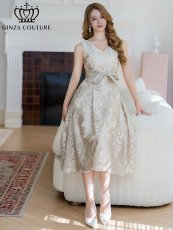 画像1: [ERUKEI/GINZA COUTURE]ベージュ・アンゴラレッド・総レース・vネック・ノースリーブ・Aライン・ミディアムドレス・ワンピース[送料無料] (1)