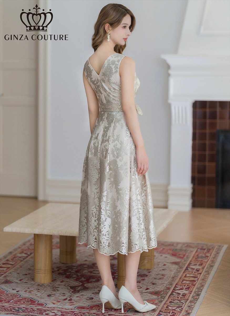 画像5: [ERUKEI/GINZA COUTURE]ベージュ・アンゴラレッド・総レース・vネック・ノースリーブ・Aライン・ミディアムドレス・ワンピース[送料無料] (5)