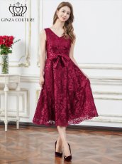 画像2: [ERUKEI/GINZA COUTURE]ベージュ・アンゴラレッド・総レース・vネック・ノースリーブ・Aライン・ミディアムドレス・ワンピース[送料無料] (2)