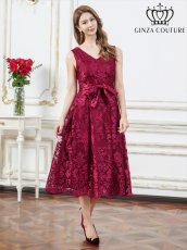 画像4: [ERUKEI/GINZA COUTURE]ベージュ・アンゴラレッド・総レース・vネック・ノースリーブ・Aライン・ミディアムドレス・ワンピース[送料無料] (4)