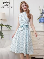 画像3: [ XS-Lサイズ / 2カラー ][ERUKEI/GINZA COUTURE]グリーン・ホワイト・ボタン・ポケット・リボンベルト・ノースリーブ・Aライン・ミディアムドレス・ワンピース[送料無料] (3)