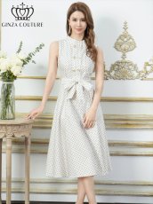 画像4: [ XS-Lサイズ / 2カラー ][ERUKEI/GINZA COUTURE]グリーン・ホワイト・ボタン・ポケット・リボンベルト・ノースリーブ・Aライン・ミディアムドレス・ワンピース[送料無料] (4)