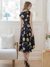 画像3: [ERUKEI/GINZA COUTURE]ブラックxイエロー・花柄・肩リボン・Aライン・ミディアムドレス・ワンピース[送料無料] (3)