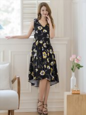 画像6: [ERUKEI/GINZA COUTURE]ブラックxイエロー・花柄・肩リボン・Aライン・ミディアムドレス・ワンピース[送料無料] (6)