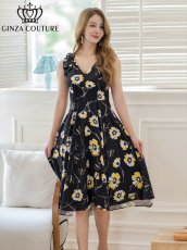 画像1: [ERUKEI/GINZA COUTURE]ブラックxイエロー・花柄・肩リボン・Aライン・ミディアムドレス・ワンピース[送料無料] (1)