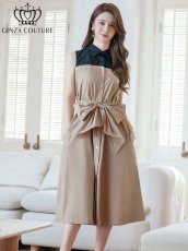 画像2: [ERUKEI/GINZA COUTURE]バイカラー・ボタン・リボンベルト・カジュアル・切替・Aライン・ミディアムドレス・ワンピース[送料無料] (2)
