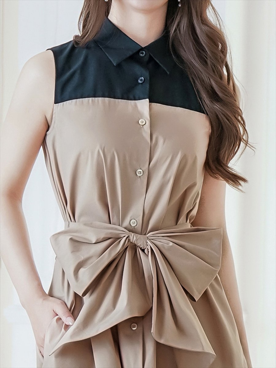 画像4: [ERUKEI/GINZA COUTURE]バイカラー・ボタン・リボンベルト・カジュアル・切替・Aライン・ミディアムドレス・ワンピース[送料無料] (4)