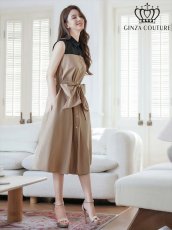 画像6: [ERUKEI/GINZA COUTURE]バイカラー・ボタン・リボンベルト・カジュアル・切替・Aライン・ミディアムドレス・ワンピース[送料無料] (6)