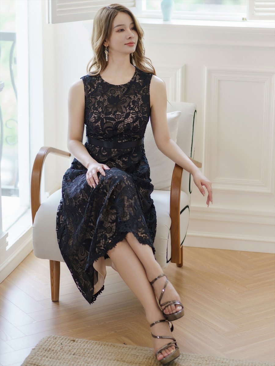 画像12: [ERUKEI/GINZA COUTURE]ホワイト・ブラック・総レース・フラワーレース・ノースリーブ・Aライン・ミディアムドレス・ワンピース[送料無料] (12)