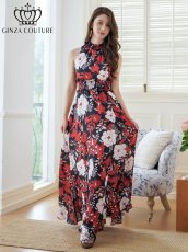 画像11: [ERUKEI/GINZA COUTURE]ブラックｘレッド・ブラックｘイエロー・プリント・ウエストマーク・Aライン・ノースリーブ・ロングドレス[送料無料] (11)