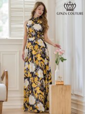 画像2: [ERUKEI/GINZA COUTURE]ブラックｘレッド・ブラックｘイエロー・プリント・ウエストマーク・Aライン・ノースリーブ・ロングドレス[送料無料] (2)