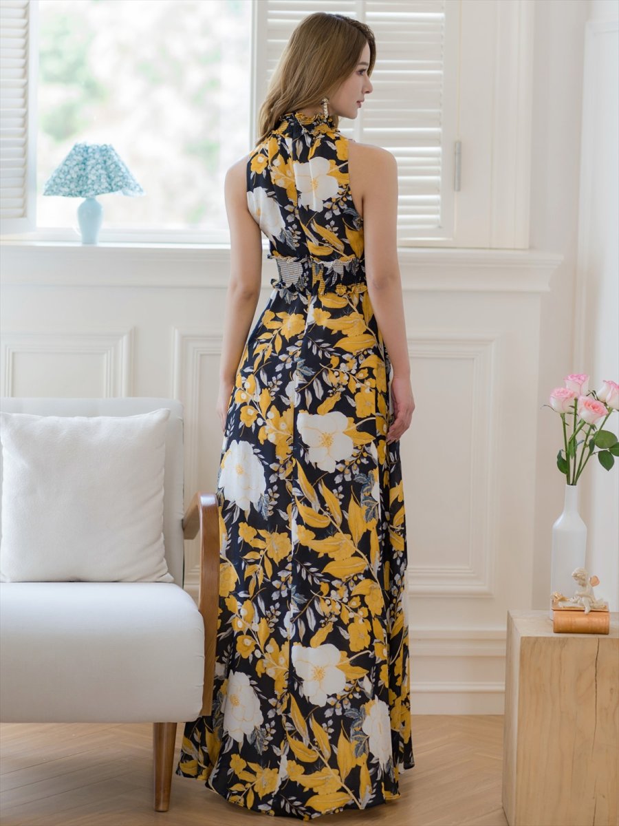 画像6: [ERUKEI/GINZA COUTURE]ブラックｘレッド・ブラックｘイエロー・プリント・ウエストマーク・Aライン・ノースリーブ・ロングドレス[送料無料] (6)