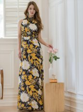 画像10: [ERUKEI/GINZA COUTURE]ブラックｘレッド・ブラックｘイエロー・プリント・ウエストマーク・Aライン・ノースリーブ・ロングドレス[送料無料] (10)