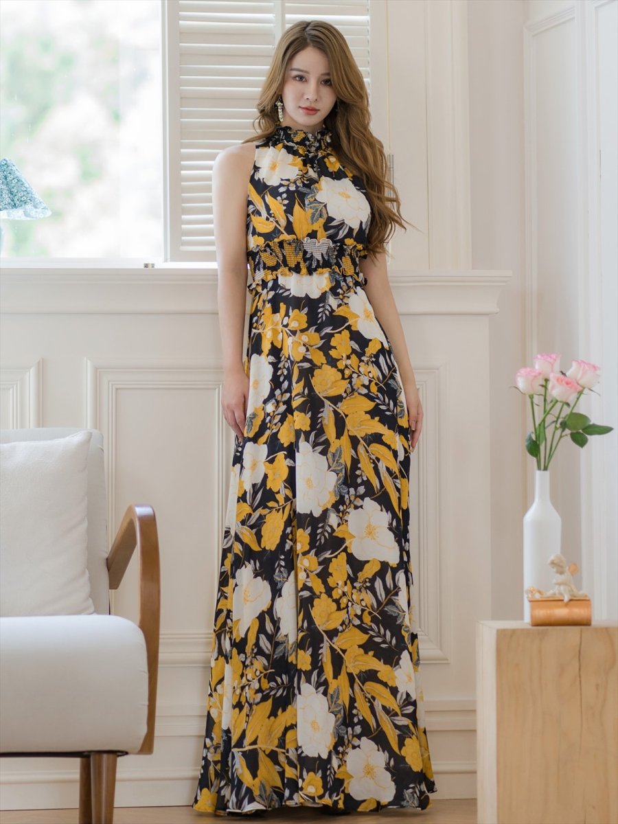 画像12: [ERUKEI/GINZA COUTURE]ブラックｘレッド・ブラックｘイエロー・プリント・ウエストマーク・Aライン・ノースリーブ・ロングドレス[送料無料] (12)