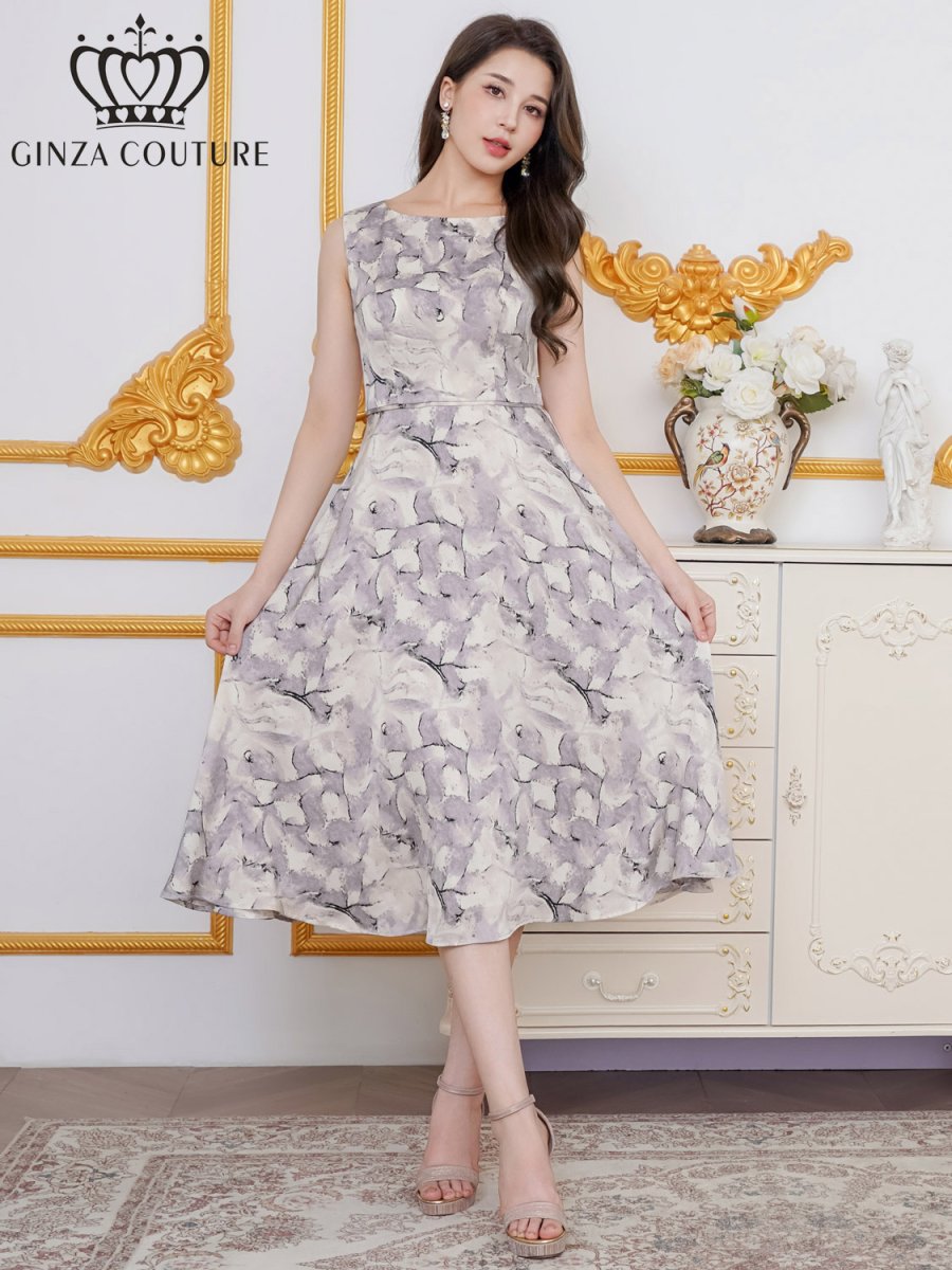 画像7: [ XS-Lサイズ / 2カラー][ERUKEI]プリント・サテン・ノースリーブ・Aライン・ミディアムドレス・ワンピース[送料無料] (7)