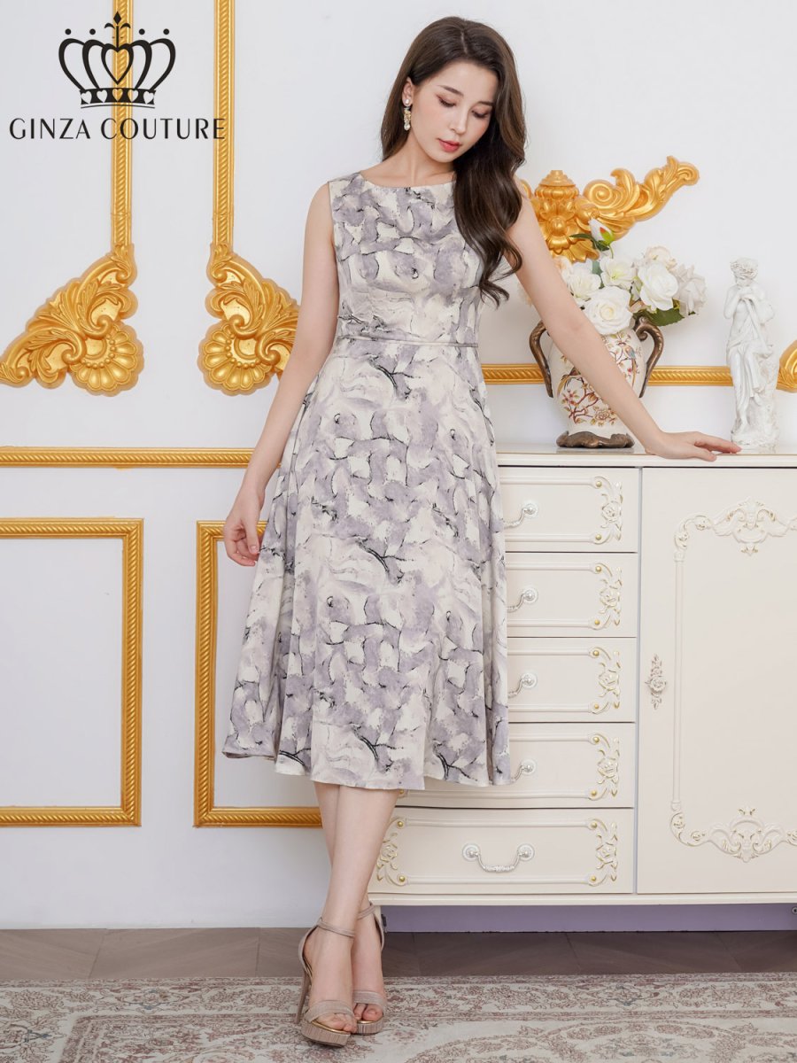 画像11: [ XS-Lサイズ / 2カラー][ERUKEI]プリント・サテン・ノースリーブ・Aライン・ミディアムドレス・ワンピース[送料無料] (11)