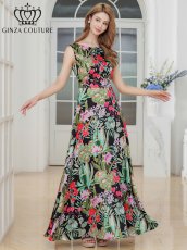 画像2: [ XS-Lサイズ / 1カラー][ERUKEI/GINZA COUTURE]プリント・リゾート柄・花柄・サテン・切替・ハイウエスト・Aライン・ロングドレス[送料無料] (2)